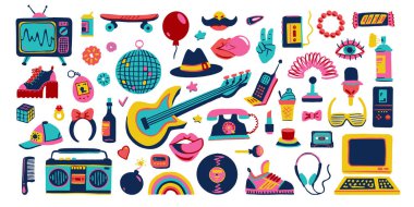 Koleksiyon retro simgeleri 80-90 'ların modası geçmiş ürünleri elle çizilmiş çizgi film tarzında. Vektör