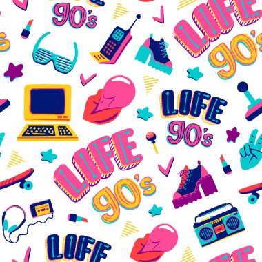 Koleksiyon retro simgeleri 80-90 'ların modası geçmiş ürünleri elle çizilmiş çizgi film tarzında. Vektör