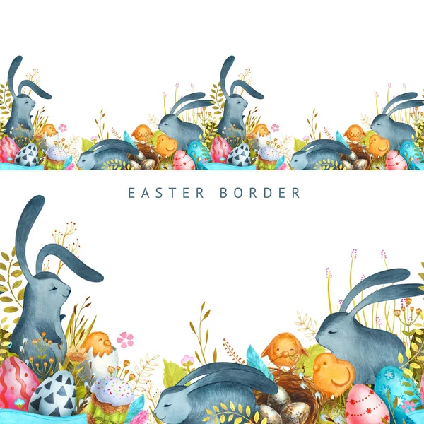 Akwarela Happy Easter ręcznie rysowane dekoracje bezszwowa granica z malowane jaja, króliczki, kurczaki i kwiaty — Zdjęcie stockowe