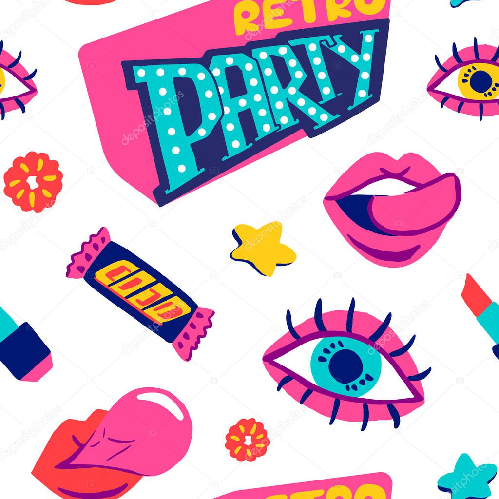 Collection retro party icons elements in trendy 80s-90s goods ha