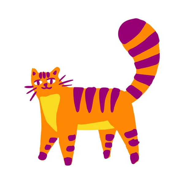 Cute striped orange cat walking, in a flat cartoon style. Vector — Stock Vector