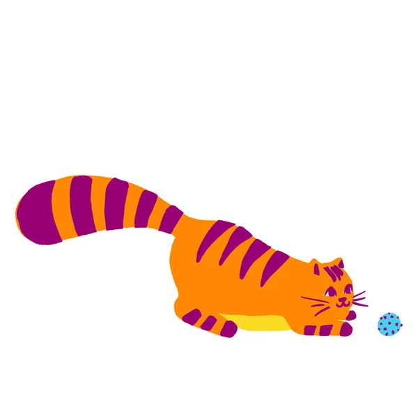 Cute striped orange playing cat in a flat cartoon style. Vector — Stock Vector