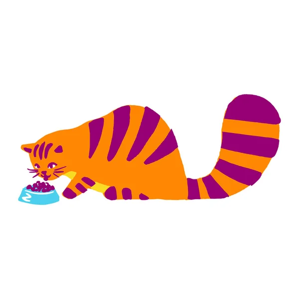 Carino tabby gatto arancione mangiare cibo, in uno stile cartone animato piatto. Vettore — Vettoriale Stock