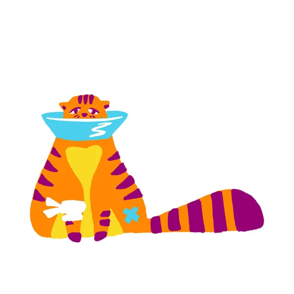 Cute sick sad striped orange cat in a flat cartoon style. Vector funny kitten — Stock Vector