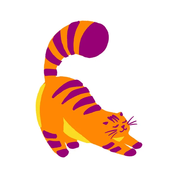 Cute striped orange cat stretches, in a flat cartoon style. Vector — Stock Vector