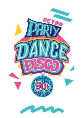 Üzerinde harfler olan Retro Party poster şablonu. 90 'ların müziği, çizgi film 90' ların tarzı afiş. Radyo davetiyesi, dans partileri beyaz arka planda reklam afişi. Vektör illüstrasyonu
