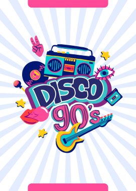 Üzerinde harfler olan Retro Party poster şablonu. 90 'ların müziği, çizgi film 90' ların tarzı afiş. Radyo davetiyesi, dans partileri beyaz arka planda reklam afişi. Vektör illüstrasyonu