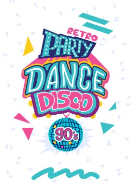 Üzerinde harfler olan Retro Party poster şablonu. 90 'ların müziği, çizgi film 90' ların tarzı afiş. Radyo davetiyesi, dans partileri beyaz arka planda reklam afişi. Vektör illüstrasyonu
