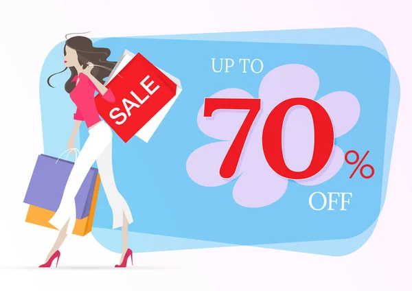 Alışveriş torbaları ve satış word ile yürüyen kadın alışveriş. İndirim teklif Etiketler veya etiketleri Satılık, vektör illüstrasyon kavramı için reklam, yazdırma, web tasarım ve afiş sezon satılık veya Ulusal kadın günü kutlama.