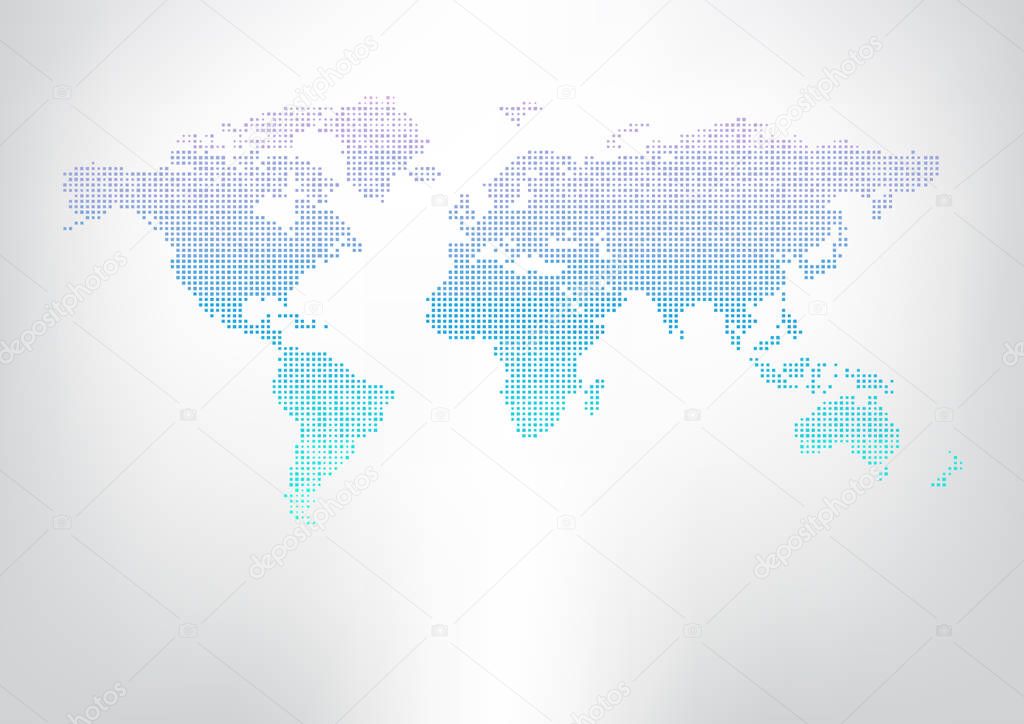 World map of gradient color pixel, square dots, with many size. Representing the global, network connection, international meaning. Vector illustration concept for education, science and business presentation.