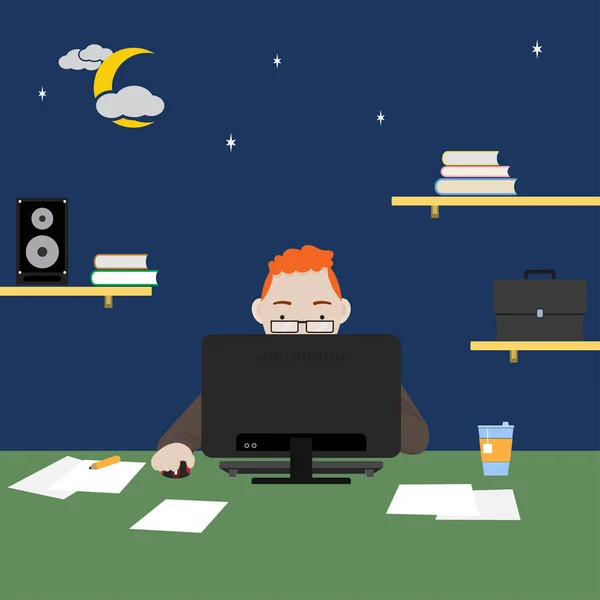 Man working or study on computer at night, freelance, work  at home and remote work. Vector illustration flat design concept for business, education, learning, managing, hard working, preparing for the examination, competition, work life.