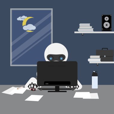 Robot işadamı çalışma bilgisayar, robot yardım insan çalışma, robot çevrimiçi yardım, makine öğrenme. Vektör çizim düz stil kavramı için yapay zeka teknolojisi, fütüristik, otomasyon, bilim, iş, iş hayatı.