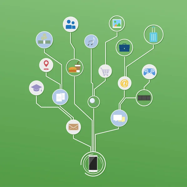 Faaliyetleri ile akıllı telefon yapmak kolay yaşam, hızlı bağlı teknoloji, simgeler dijital ağ ağaç. Düz stil vektör illüstrasyon kavramı iş, iletişim, Web sitesi için. sembolleri arayüz, bulut bilgisayar