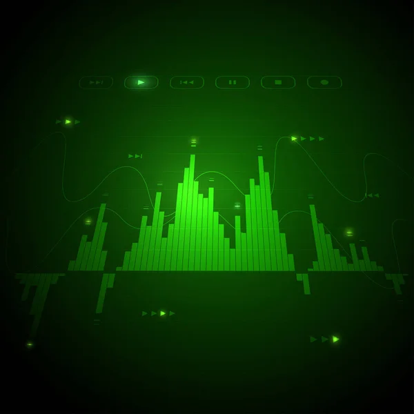 Dijital müzik oyuncu ekran monitör, kullanıcı arabirimi. Neon parlayan görselleştirme ekolayzer barlar ve ses frekans dalgaları, ses titreşimleri, tune bar, kaydedici simgesi, ses verilerinin. Vektör çizim fütüristik teknoloji ve iş için