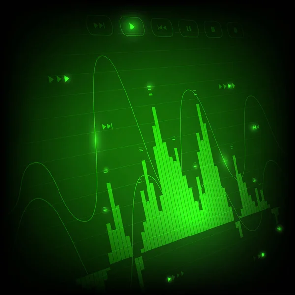 Dijital müzik oyuncu ekran monitör, kullanıcı arabirimi. Neon parlayan görselleştirme ekolayzer barlar ve ses frekans dalgaları, ses titreşimleri, tune bar, kaydedici simgesi, ses verilerinin. Vektör çizim fütüristik teknoloji ve iş için