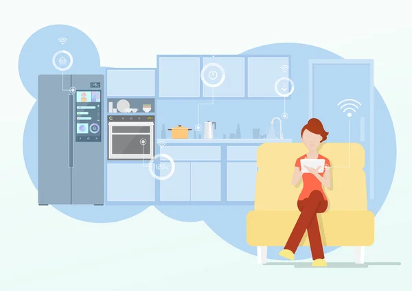 Akıllı ev mutfağı, internet, tabletle modern cihazları kontrol eden genç bir kadın. Vektör illüstrasyonu düz biçimi.