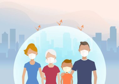 Koruyucu maskeler takan şehir insanları hastalıkları, virüs enfeksiyonlarını, hava kirliliğini, tozu, dumanı önlüyor. Vektör illüstrasyon düz stil, sağlık hizmeti konsepti.
