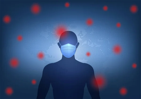 Koruyucu maskeler takan siluet adam hastalıkları, virüs enfeksiyonlarını, hava kirliliğini, tozu, dumanı, dünya haritası geçmişi olan insanları engelliyor. Vektör illüstrasyonu düz biçimi.