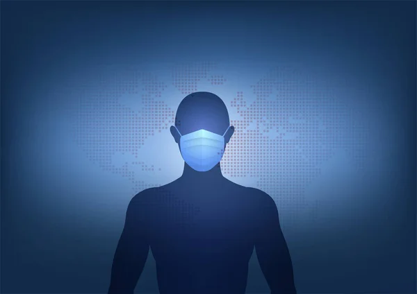 Koruyucu maskeler takan siluet adam hastalıkları, virüs enfeksiyonlarını, hava kirliliğini, tozu, dumanı, dünya haritası geçmişi olan insanları engelliyor. Vektör illüstrasyonu düz biçimi.