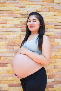 taş duvar arka plan ile güzel bir hamile kadın