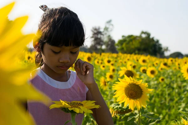 Menina Triste Campo Girassóis — Fotografia de Stock