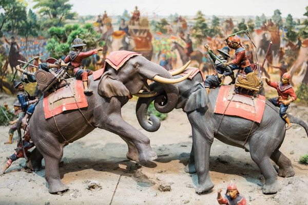 Suphan Buri, Thailand - March 31, 2017 : Inside of the Don Chedi monument. Modeling combat on elephant back of King Naresuan