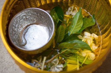 Yasemin ve gül çiçek altın kase, Songkran Festivali