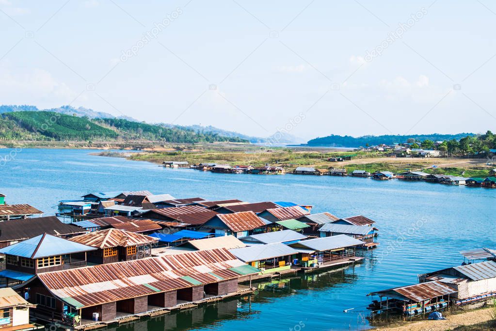 floating house near river in Kanchanaburi thailand