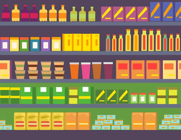 Düz vektör çizim - süpermarket raflarında ürünleri