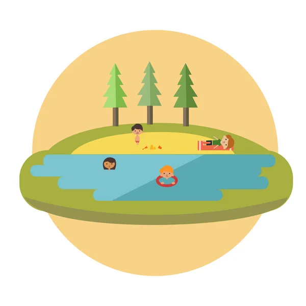 Flachvektorillustration - Kinder schwimmen und spielen auf dem Sommersee — Stockvektor