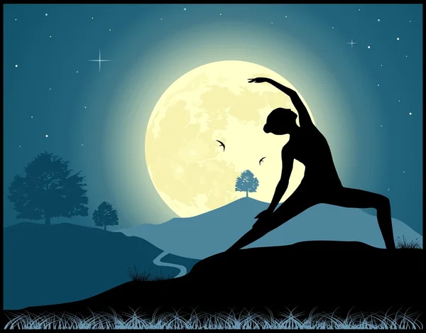 Woman practicing yoga at full moon background — Stock Vector