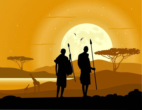 非洲风景背景 动物剪影和月亮上升 — 图库矢量图片