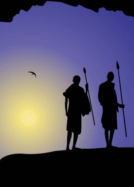 Afrika manzara arka plan. Avcılar siluetleri günbatımı arka plan üzerinde. Afrika savana 