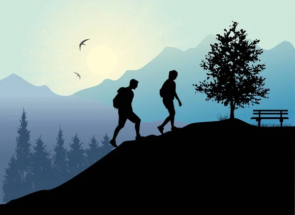 Alpinismo Pessoas Caminhando Nas Montanhas Fundo Florestal — Vetor de Stock