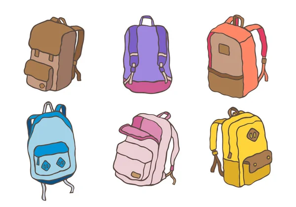 School rugzakken set. Reizen onderwijs en studie terug naar school, Schooltasje bagage, rugzak illustratie — Stockvector
