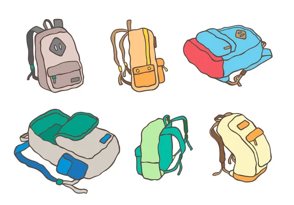 Mochilas escolares. Viajes Educación y estudio volver a la escuela, equipaje de la mochila, mochila ilustración — Archivo Imágenes Vectoriales