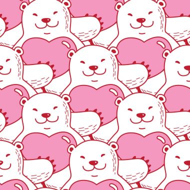 Kutup ayısı sarılmak kırmızı kalp Sevgililer doodle vektör Dikişsiz desen duvar kağıdı arka plan pembe ayı