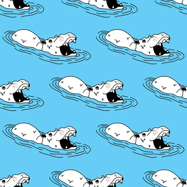 Grand hippopotame hippopotame Seamless Vector Pattern fond d'écran bleu — Image vectorielle