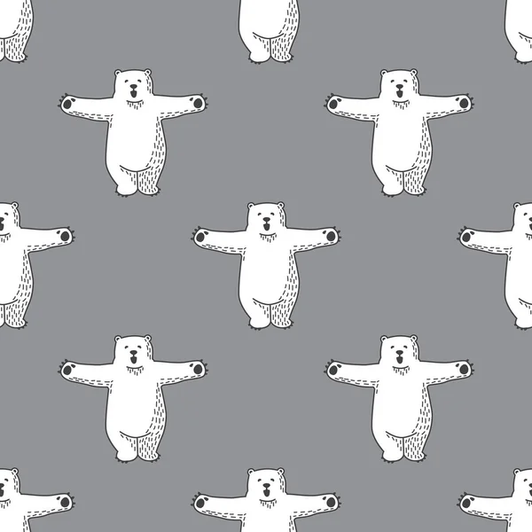 Oso polar oso feliz abrazo sin costuras patrón gris fondo de pantalla — Vector de stock