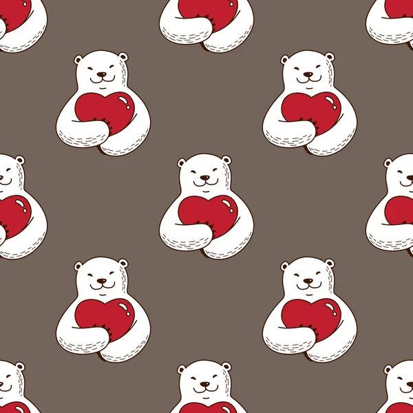 Corazón de oso San Valentín Patrón sin costuras doodle fondo de pantalla ilustración marrón — Vector de stock