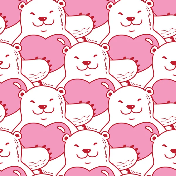 Oso polar oso abrazo rojo corazón San Valentín doodle vector Seamless Pattern fondo de pantalla rosa — Archivo Imágenes Vectoriales