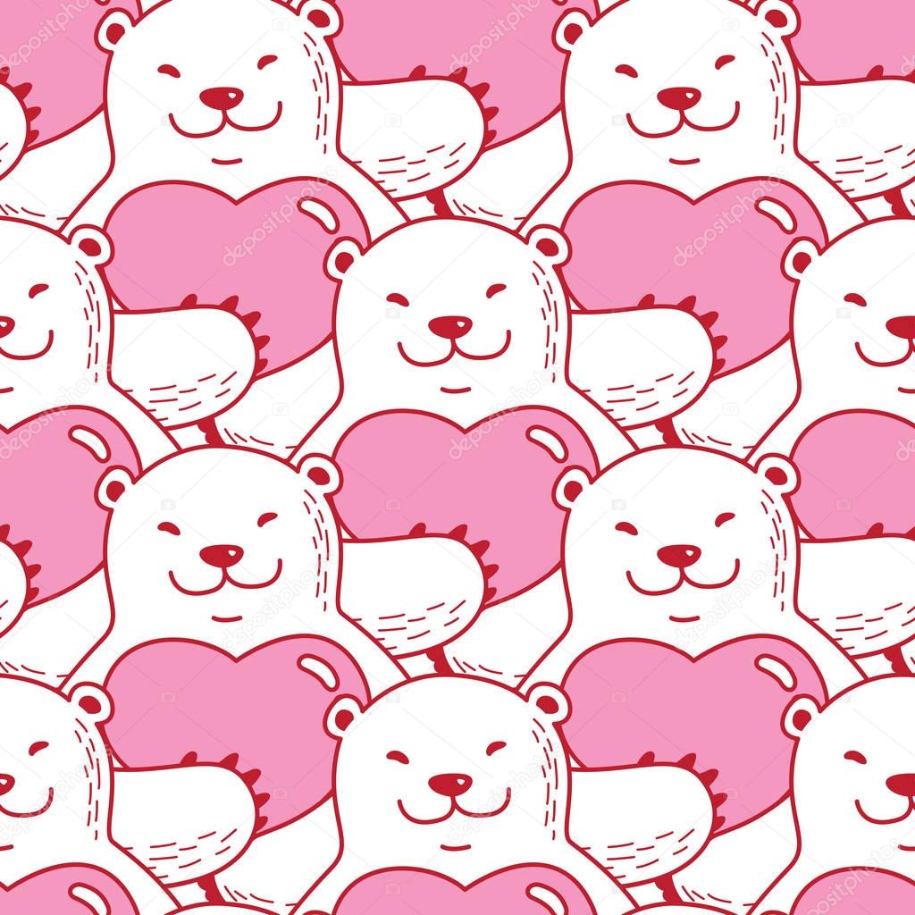 Bear polar bear Hug red Heart valentine doodle vector Seamless Pattern wallpaper background pink