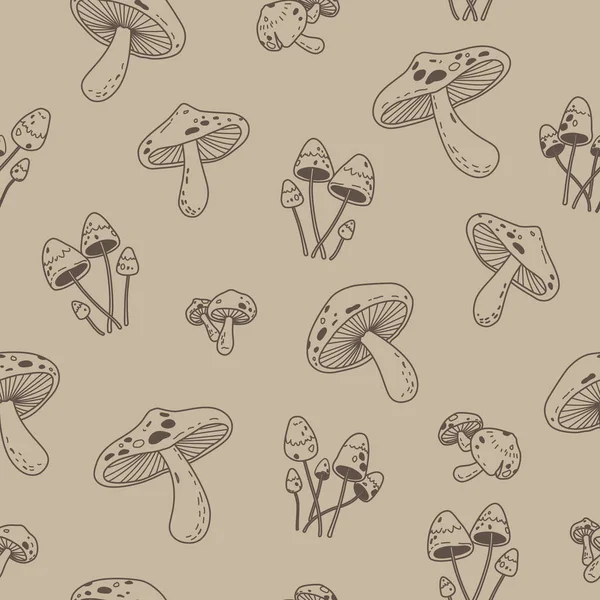 Mushroom Doodle Vector Seamless Pattern Wallpaper Background Brown — Stock Vector