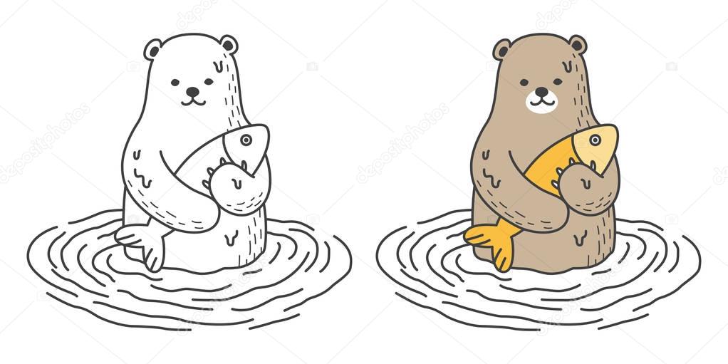bear polar bear catch fish icon vector illustration doodle character cartoon