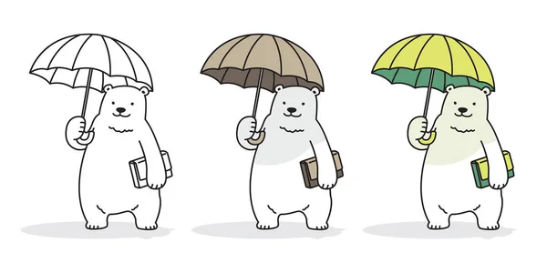 Medvěd Lední Medvěd Vektorové Deštník Prší Knihy Ilustrace Kreslené Postavičky — Stockový vektor