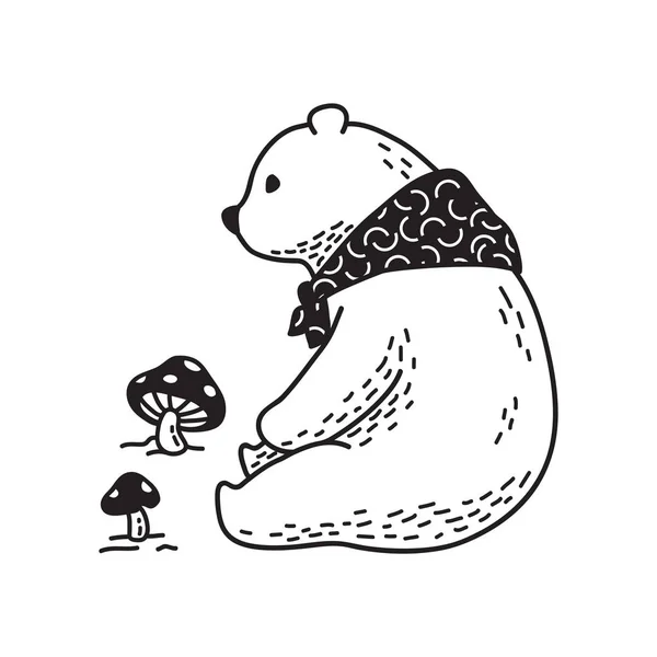 Urs Vector Polar Urs Eșarfă Ciuperci Doodle Ilustrare Personaj Desen — Vector de stoc