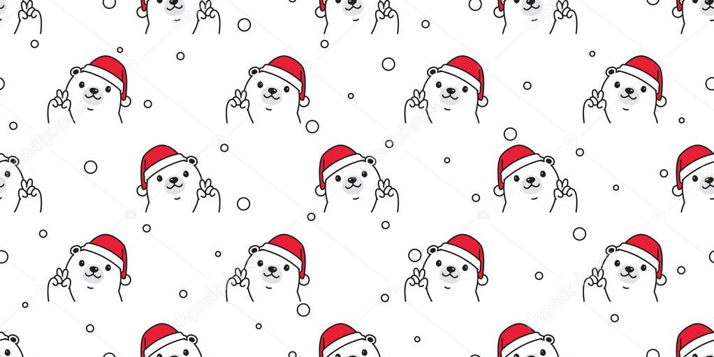 Bear seamless pattern Christmas vector Santa Claus hat snow scarf isolated repeat wallpaper teddy cartoon tile background illustration doodle white design