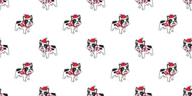 Köpek desensiz Noel vektörü Fransız buldog Noel Baba şapkalı benekli çizgili eşarp izole çizgi film arka plan karo duvar kağıdı illüstrasyon tasarımı