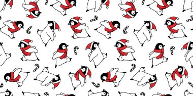 Penguen desensiz Noel Baba şapkası eşarbı izole edilmiş. Duvar kâğıdı döşeme arka plan karikatür tasarımı tekrarlanıyor.