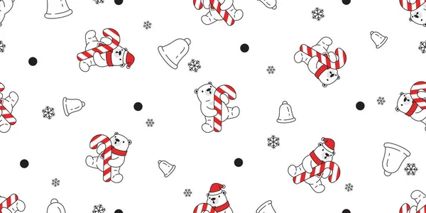 带无缝图案的圣诞北极熊矢量圣诞老人帽糖果手杖雪片围巾孤立地重复墙纸玩具卡通片背景图涂鸦设计 — 图库矢量图片